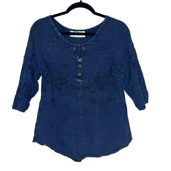 Karim Tops - Karim Womens Small Blouse Top Shirt Blue Organic Cotton 3/4 Sleeve 3D Print